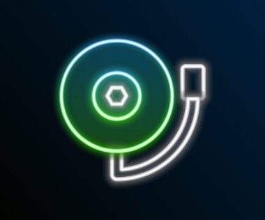 Parlayan neon hattı alarm zili simgesi siyah arkaplanda izole edildi. Yangın alarmı. Servis zili, el zili işareti, uyarı sembolü. Renkli taslak konsepti. Vektör