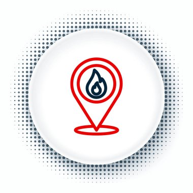 Beyaz zemin üzerinde ateş alev ikonu olan çizgi haritası işaretçisi. Yakında yangın var. Renkli taslak konsepti. Vektör