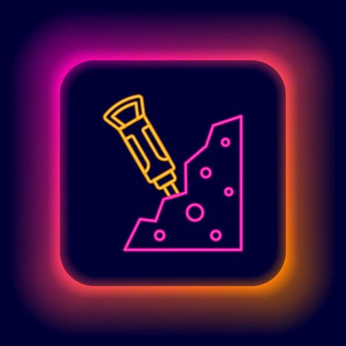 Parlayan neon hattı inşaat matkabı ve taş ikonu siyah arka planda izole edildi. Renkli taslak konsepti. Vektör