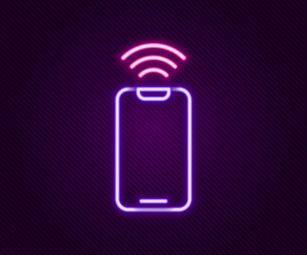 Leuchtendes neonliniges Smartphone mit kostenlosem WLAN-Funkverbindungssymbol isoliert auf schwarzem Hintergrund. Drahtlose Technologie, Wi-Fi-Verbindung, drahtloses Netzwerk. Buntes Rahmenkonzept. Vektor — Stockvektor