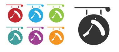 Beyaz arka planda jilet ikonu olan siyah berber dükkanı. Kuaför logosu ya da tabela. Simgeleri renklendirin. Vektör