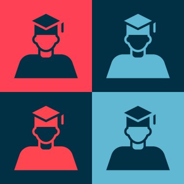 Pop Art Graduate ve mezuniyet şapkası ikonu renk arka planında izole edilmiş. Vektör