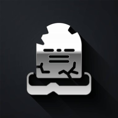 Üzerinde RIP yazılı gümüş Tombstone simgesi siyah arkaplanda izole edilmiş. Mezar ikonu. Mutlu Cadılar Bayramı Partisi. Uzun gölge tarzı. Vektör