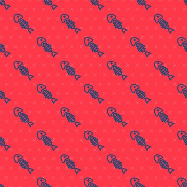 Mavi çizgi Balık iskeleti simgesi kırmızı arkaplanda kusursuz desen izole etti. Balık kemiği işareti. Vektör