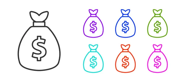 Linea nera Money bag icona isolata su sfondo bianco. Dollaro o simbolo USD. Bancomat Banking segno di valuta. Set icone colorate. Vettore — Vettoriale Stock