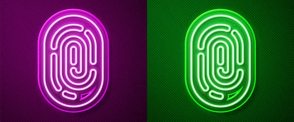 Linea neon luminosa Icona impronta digitale isolata su sfondo viola e verde. Icona dell'app ID. Segno di identificazione. Toccare id. Vettore — Vettoriale Stock