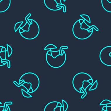 Yeşil çizgi hindistan cevizi suyu egzotik taze kokteyl ve şemsiye ikonu mavi arka planda izole edilmiş pürüzsüz desen. Vektör