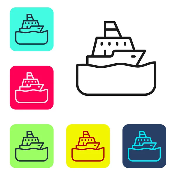 Svart linje Kryssningsfartyg ikon isolerad på vit bakgrund. Turism sjöfart. Passagerarfartyg, kryssningsfartyg. Kryssning över hela världen. Ställ ikoner i färg fyrkantiga knappar. Vektor — Stock vektor