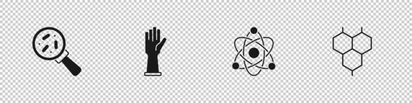 Stel micro-organismen onder vergrootglas, medische rubberen handschoenen, Atom en chemische formule pictogram. Vector — Stockvector