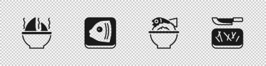 Köpekbalığı yüzgeci çorbası, balık kafası, kasede balık ve kesme tahtası ve bıçak ikonu. Vektör