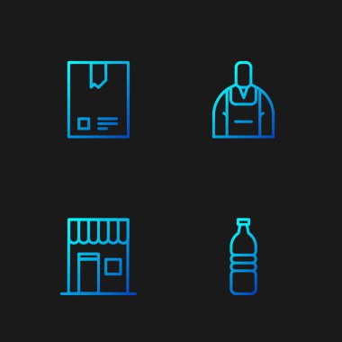 Bir şişe su, kahve dükkanı, kahve çekirdekleri ve barista. Renk simgeleri. Vektör