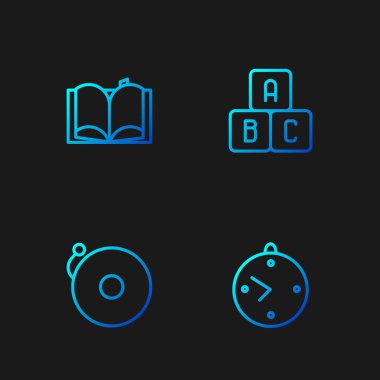 Hat saatini, alarm zilini, açık kitabı ve ABC bloklarını ayarla. Renk simgeleri. Vektör