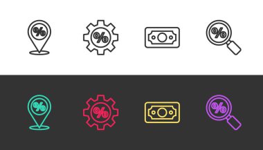 Çizgi konumunu yüzde indirimle ayarla, Gear, kağıt para yığını ve siyah beyaz büyüteç. Vektör