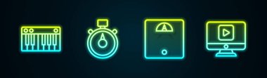 Set Müzik Sentezleyicisi, Stopwatch, Banyo terazileri ve Online oyun videosu. Parlayan neon ikonu. Vektör