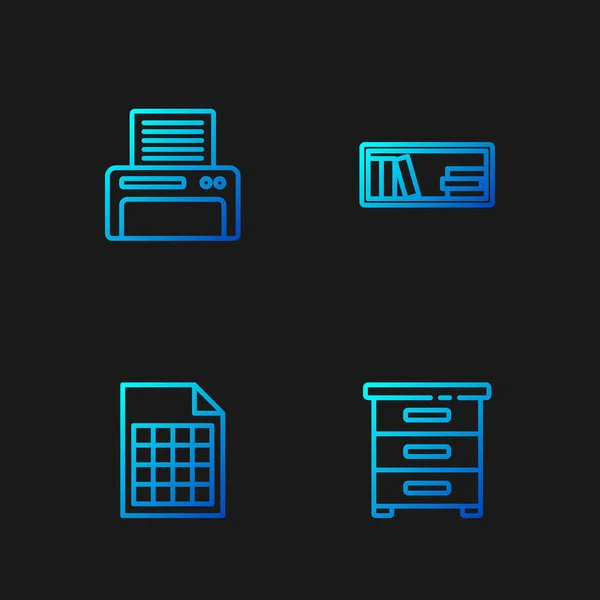 Establecer línea cajón con documentos, Archivo, Impresora y libros de estantes. Iconos de color degradado. Vector — Vector de stock
