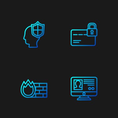 Hat oluştur Hesap ekranı, güvenlik duvarı, güvenlik duvarı, Kalkanlı kafa ve kredi kartı kilidi. Renk simgeleri. Vektör