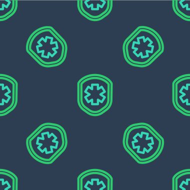 Çizgi tıbbi kalkanı, çapraz ikon izole edilmiş, mavi arka planda pürüzsüz desen. Koruma, güvenlik, şifre güvenliği. Vektör