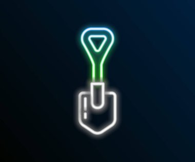 Parlayan neon hattı kürek simgesi siyah arkaplanda izole edildi. Bahçe aletleri. Bahçecilik, tarım, çiftçilik aleti. Renkli taslak konsepti. Vektör