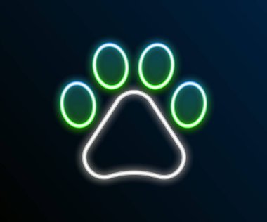 Parlayan neon çizgisi Paw yazdırma simgesi siyah arkaplanda izole edildi. Köpek ya da kedi pençesi izi. Hayvan izleri. Renkli taslak konsepti. Vektör