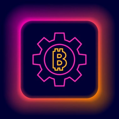 Parlayan neon hattı Kripto para birimi simgesi Bitcoin siyah arka planda izole edildi. Vites ve Bitcoin ayarı. Engelleme zinciri tabanlı şifreli para birimi. Renkli taslak konsepti. Vektör