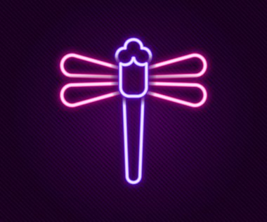 Parlayan neon hattı Dragonfly simgesi siyah arkaplanda izole edildi. Renkli taslak konsepti. Vektör