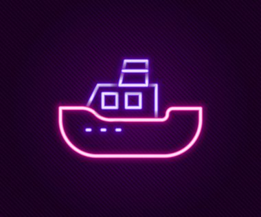 Parlayan neon hattı oyuncak tekne simgesi siyah arkaplanda izole edildi. Renkli taslak konsepti. Vektör