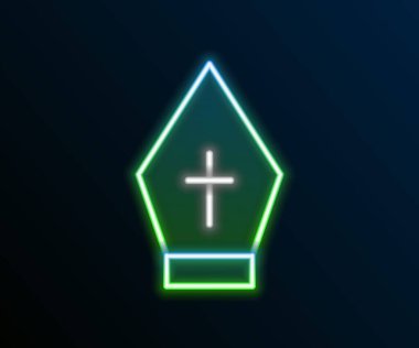 Parlayan neon hattı Papa 'nın şapka simgesi siyah arkaplanda izole edildi. Hristiyan şapkası işareti. Renkli taslak konsepti. Vektör