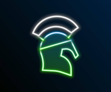 Parlayan neon çizgili Yunan miğfer simgesi siyah arkaplanda izole edildi. Tüylü ya da at tüylü askerleri korumak için antika miğfer. Renkli taslak konsepti. Vektör