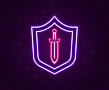 Parlak neon hattı Ortaçağ kalkanı ve siyah arka planda izole edilmiş kılıç simgesi. Renkli taslak konsepti. Vektör