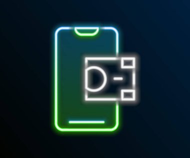 Parlayan neon hattı Mobil bankacılık simgesi siyah arkaplanda izole edildi. Cep telefonu ekranına cep telefonu bankacılığı yoluyla para aktar. Renkli taslak konsepti. Vektör