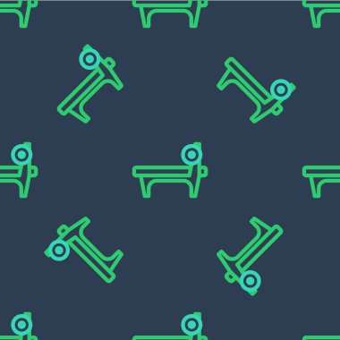 Barbel simgesine sahip sıra benci mavi arka planda izole edilmiş pürüzsüz desen. Spor aletleri. Vücut geliştirme, ağırlık kaldırma, fitness konsepti. Vektör