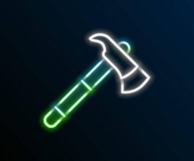 Parlayan neon hattı itfaiyeci balta simgesi siyah arka planda izole edildi. Yangın baltası. Renkli taslak konsepti. Vektör