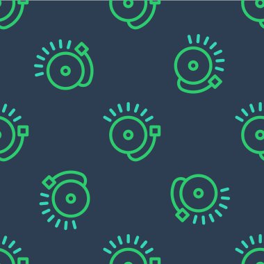 Hat çalan alarm simgesi mavi arkaplanda izole edilmiş pürüzsüz desen. Yangın alarmı. Servis zili, el zili işareti, uyarı sembolü. Vektör