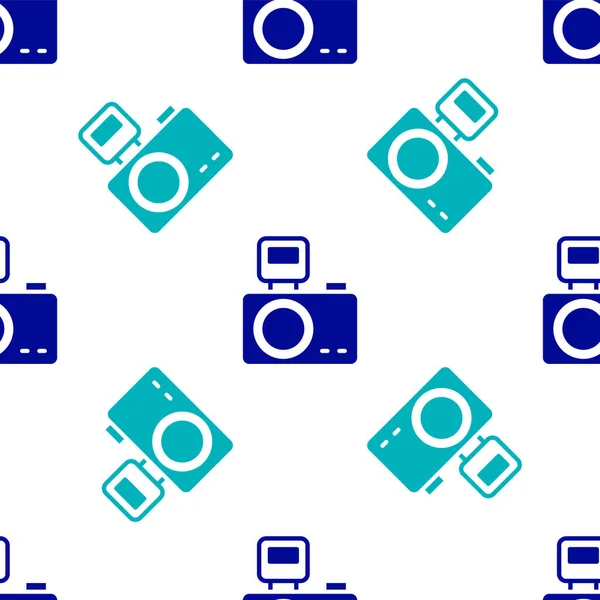Kék Photo Fényképezőgép Világítás Flash Ikon Elszigetelt Zökkenőmentes Minta Fehér — Stock Vector