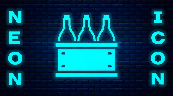 Glowing Neon Bottles Wine Wooden Box Icon Isolated Brick Wall — Stock Vector