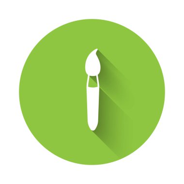 Beyaz boya fırça simgesi uzun gölge arkaplan izole. Yeşil daire düğmesi. Vektör