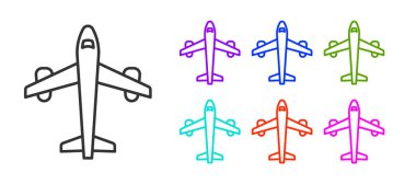 Siyah çizgi düzlem simgesi beyaz arkaplanda izole edildi. Uçan uçak ikonu. Uçak tabelası. Simgeleri renklendirin. Vektör