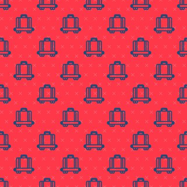 Mavi hat havaalanı taşıma bandı, bavul, çanta, bagaj ikonu, kırmızı arka planda izole edilmiş pürüzsüz şablon. Vektör