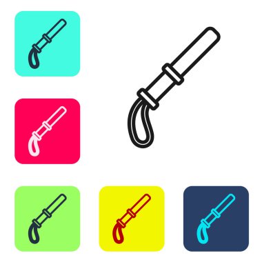 Siyah çizgi polis kauçuk çubuk simgesi beyaz arka planda izole edildi. Kauçuk copu. Polis yarasası. Polis ekipmanları. Renkli kare düğmelerle simgeleri ayarla. Vektör