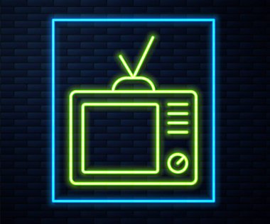 Parlayan neon hattı Retro TV ikonu tuğla duvar arka planında izole edildi. Televizyon tabelası. Vektör