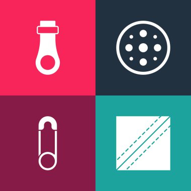 Pop Art Tekstil kumaş rulosu, güvenlik iğnesi, dikiş düğmesi ve fermuar simgesini ayarla. Vektör