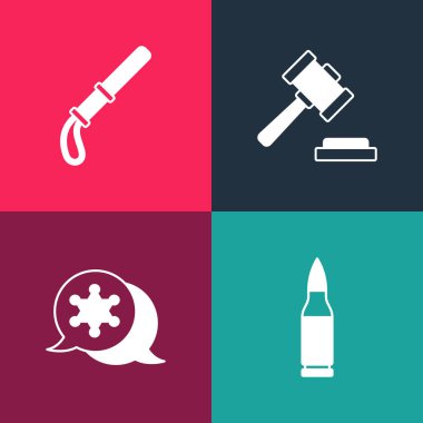 Pop Art Bullet, Hexagram Şerifi, Yargıç Tokmak ve Polis kauçuk cop ikonu hazırla. Vektör