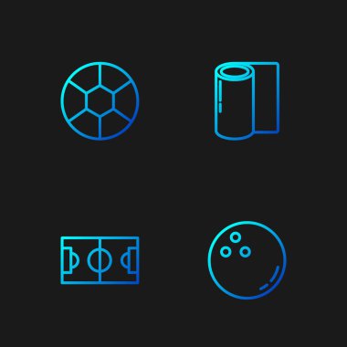 Bowling topu, futbol ya da futbol sahası ve spor paspası. Renk simgeleri. Vektör