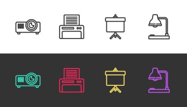 Çizgi film, film, medya projektörü, yazıcı, diyagramı ve masa lambasını siyah beyaz olarak ayarla. Vektör