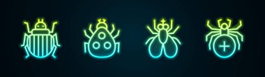 Kolorado böceği, uğur böceği, böcek ve örümcek hattını ayarlayın. Parlayan neon ikonu. Vektör