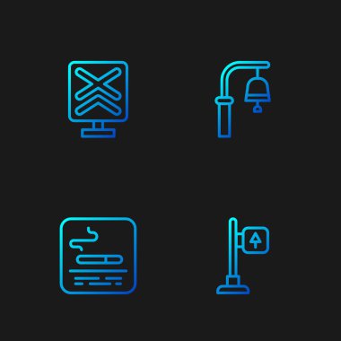 Yol trafik levhası, sigara içme alanı, tren yolu geçidi ve tren istasyonu zilini ayarlayın. Renk simgeleri. Vektör