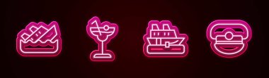 Batan yolcu gemisi, Kokteyl, Cruise ve Kaptan Şapka. Parlayan neon ikonu. Vektör