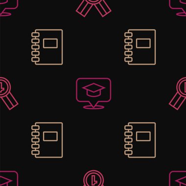 Madalya, Spiral defter ve mezuniyet şapkasını konuşma balonunda pürüzsüz bir şablona ayarla. Vektör