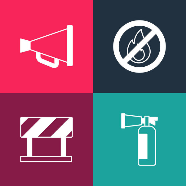 Set pop art Fire extinguisher, Road barrier, No fire and Megaphone icon. Vector