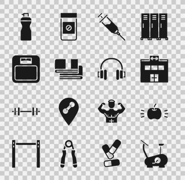 Sabit bisiklet, Apple, Spor Salonu, Doping şırıngası, Havlu yığını, Banyo terazisi, fitness karıştırıcı ve kulaklık ikonu. Vektör